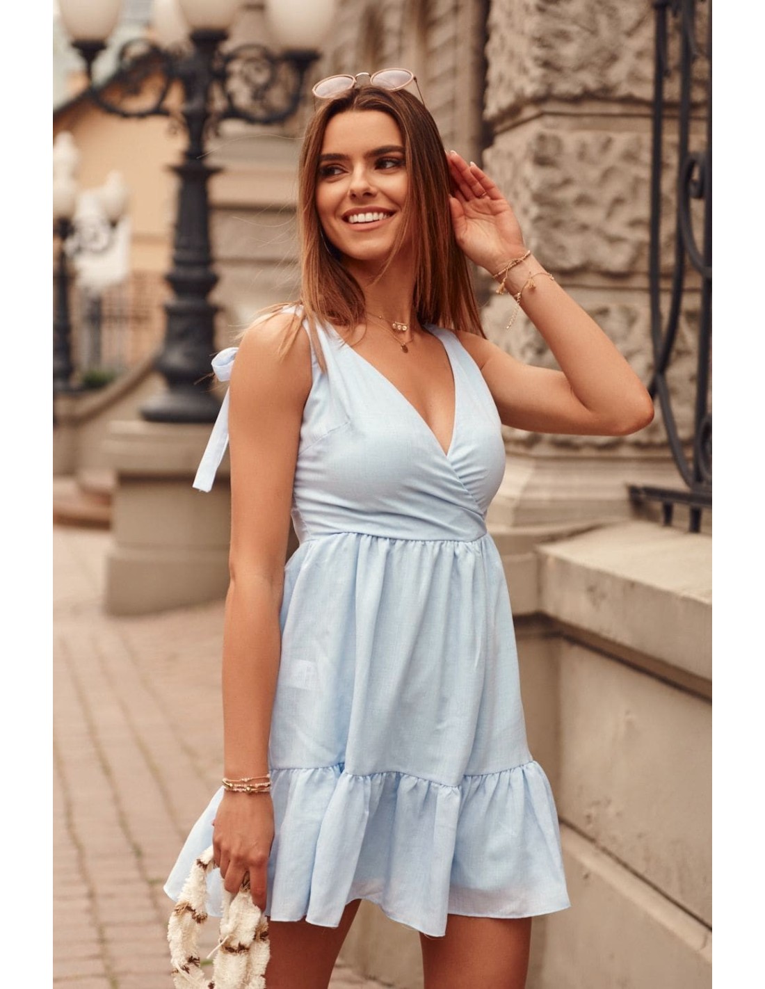 Lovely dress with an envelope neckline, blue PR3196 - Online store - Boutique